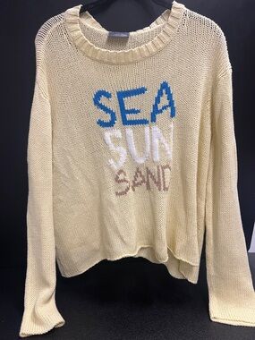 Wooden Ships Cream Knit Crewneck Sweater with Blue, White & Tan Text
